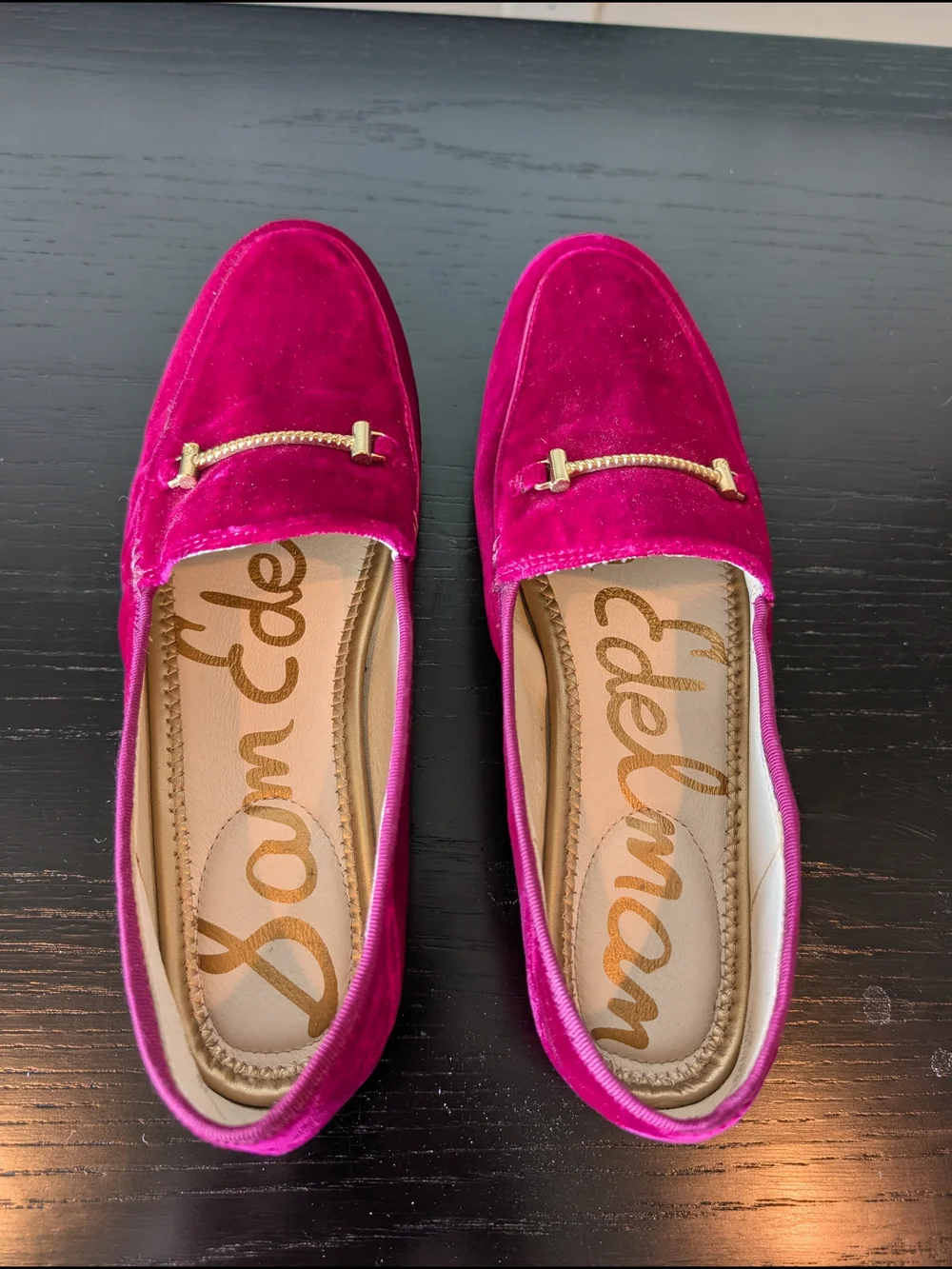 Sam Edelman Fuchsia Velvet Loafers with Gold Bit - Picture 3 of 4